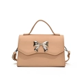 Chic beige crossbody bag featuring a textured Saffiano finish and silver bow detail - Khaki