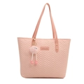 Pink quilted tote bag for women with V-pattern texture and plush monster charm pendant - Pink With Charm