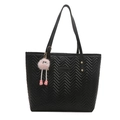 Black quilted tote bag with V-shaped stitching and cute pink plush monster charm accessory - Black with Pendant