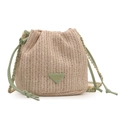 Beige straw bucket bag with green leather trim and a chain strap in a variant view - Basic Style / Green