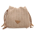 Beige woven straw bucket bag with drawstring closure and chain shoulder strap - Basic Style / Khaki