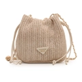 Beige straw bucket bag with woven wavy texture, drawstring closure and chain strap - Basic Style / White