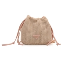 Beige straw bucket bag with pink leather drawstring and metal chain strap - Basic Style / Pink