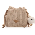Beige straw bucket bag with brown leather label and cute white rabbit plush charm - With Ornament / Khaki