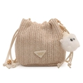 Chic beige woven drawstring bucket bag with metal chain strap and cute plush charm - With Ornament / White