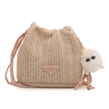 Beige Web-Beuteltasche mit rosa PU-Besatz, Kettengurt und Plüsch-Charm-Detail - Standardausführung / Rosa