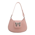 Pink crescent shoulder bag with silver bow accent and matte PU leather finish - Pink