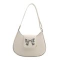 White faux leather crescent shoulder bag with silver metallic bow and chain strap - White