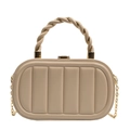 Borsa a mano ovale beige trapuntata con manico intrecciato e tracolla a catena d'oro - Cachi