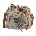 Ethnic style beige nylon bucket bag with colorful floral embroidery and brown strap - Beige Floral Embroidery
