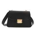 Minimalist black leather crossbody bag with golden metal buckle and wide shoulder strap - Black