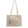 Sac fourre-tout élégant grande capacité avec motifs floraux et pompon vert - Broderie Florale Beige (Avec Gland) / Blanc