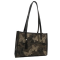 Sac cabas rétro en tissu jacquard papillon marron avec des anses en cuir noir - Broderie Papillon Noir et Or (Avec Gland) / Noir