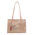 Sac cabas rose brodé de fleurs avec finition satinée et décoration pompon - Broderie Pivoine Rose Sakura (Avec Gland) / Rose