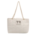 Chique gewatteerde shopper tas in beige met zilveren strik en leren kettingriem - Wit