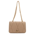 Quilted beige flap crossbody bag with elegant gold chain strap and metallic lock - Khaki