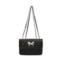 Black quilted crossbody bag featuring a silver metal butterfly buckle and chain strap - Black