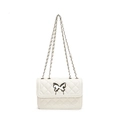 White quilted crossbody bag with silver butterfly clasp and leather chain strap - White