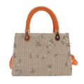 Straw woven tote bag with orange leather handles and floral embroidery detail - Orange