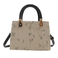 Handwoven straw square handbag with green leaf floral embroidery and black top handles - Black