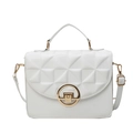 Minimalist white quilted crossbody bag with golden circular clasp and top handle on white background - Off White