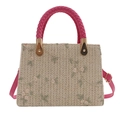 Straw shoulder bag with floral embroidery and rose red woven handles on white background - Rose Pink