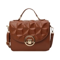 Brown leather crossbody square bag with 3D geometric quilted pattern and gold buckle - Brown