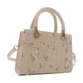 Straw woven handbag with green vine embroidery and detachable shoulder strap - White
