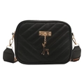Chic black crossbody square bag with wide shoulder strap and gold deer pendant - Black