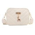 White quilted crossbody bag with wide strap and golden deer charm detail - White