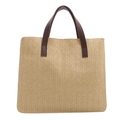 Grande borsa tote in paglia beige con manici in pelle marrone per le vacanze estive - Bianco Sporco