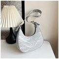 Detail of silver crescent moon bag featuring wrinkled texture and gold metal buckle - Gray