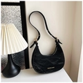 Black crescent hobo bag in wrinkled leather with gold lettering and adjustable strap - Black