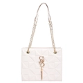 Borsa a tracolla beige trapuntata in ecopelle con catena d'oro e nappa con logo - Bianco