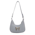 Elegant light grey-blue shoulder bag featuring a silver metal bow accent and zipper closure - Blue