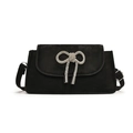 Minimalist black rectangle flap bag with a large rhinestone bow decoration and shoulder strap - Black