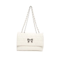 Fashionable cream white PU leather crossbody bag with quilted pattern and silver bow buckle - White