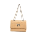 Beige quilted shoulder bag with butterfly clasp and silver metal chain strap for women - Khaki