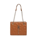 Brown geometric embossed chain shoulder bag with metal SS tassel pendant and strap - Brown
