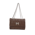 Deep brown quilted crossbody bag with silver bow accent and metal chain strap - Brown