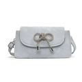 Light grey leather crossbody bag with a sparkling rhinestone bow detail and silver clasp - Blue