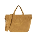 Brown corduroy crossbody tote bag with yellow FASHION embroidery and wide strap - Brown