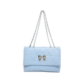 Light blue quilted shoulder bag with silver bow clasp and chain strap for women - Blue