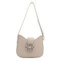 Beige halvemaanvormige okseltas met glanzende strass gesp en goudkleurige hardware - Wit