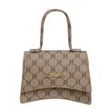Bruine monogram zandloper handtas met beige vintage patroon en gouden logo - Khaki