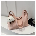 Pink soft matte leather hobo tote bag with cloud plush pendant and wide shoulder strap - Pink With Pendant