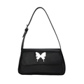 Borsa tote in pelle nera con decorazione farfalla argento e tracolla regolabile - Nero