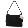 Minimalist black suede tote bag with white plush cloud pendant and adjustable strap - With Ornament / Black