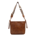 Braune Vintage-Beuteltasche aus Kunstleder mit gemustertem breitem Webbandriemen - Hellbraun