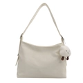 Minimalist beige PU leather tote bag with cute sheep charm for women's daily commute - With Ornament / White